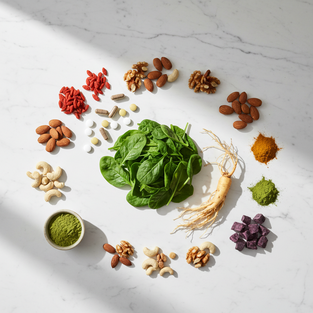 Body Energy Complex natural ingredients flat lay