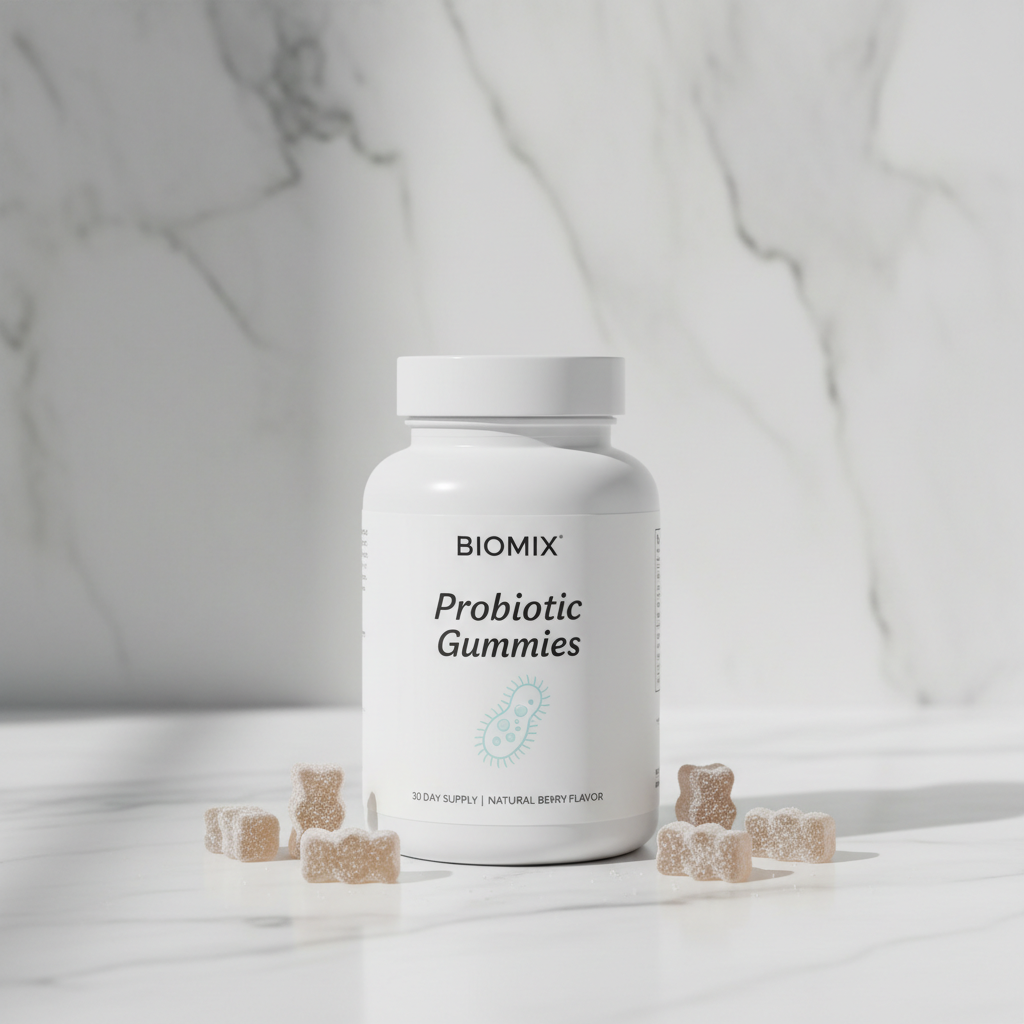 BIOMIX Probiotic Gummies bottle on a marble surface