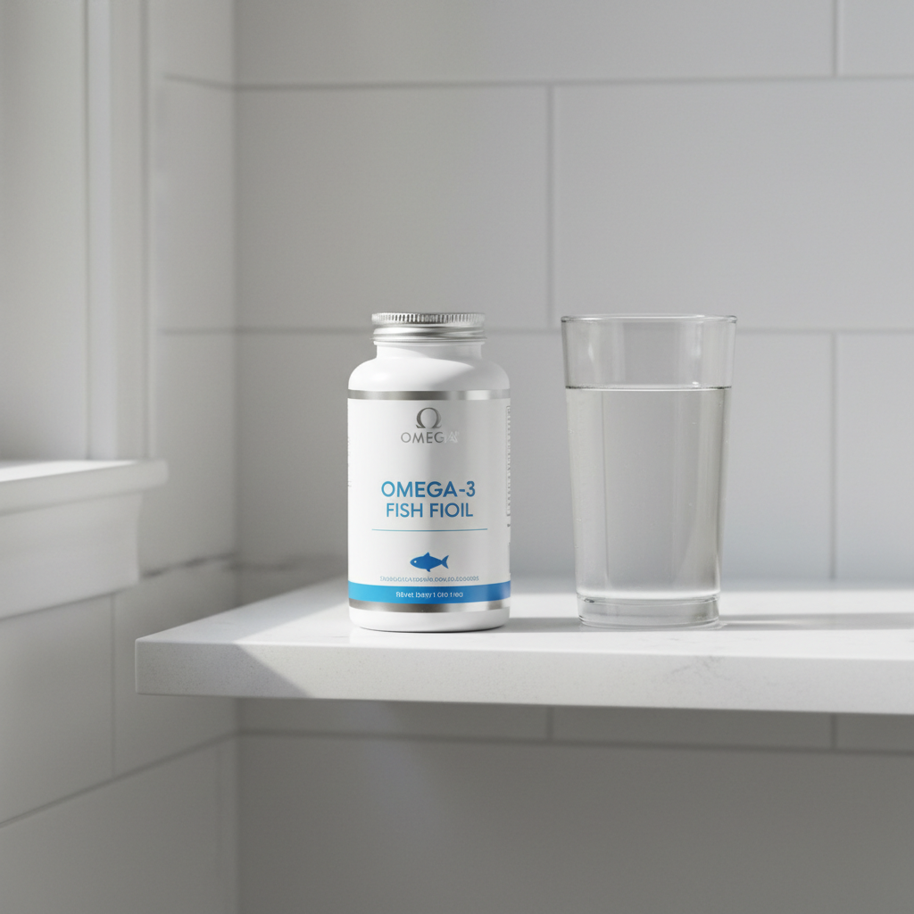  Omega-3 Fish Oil bottle on bathroom counter