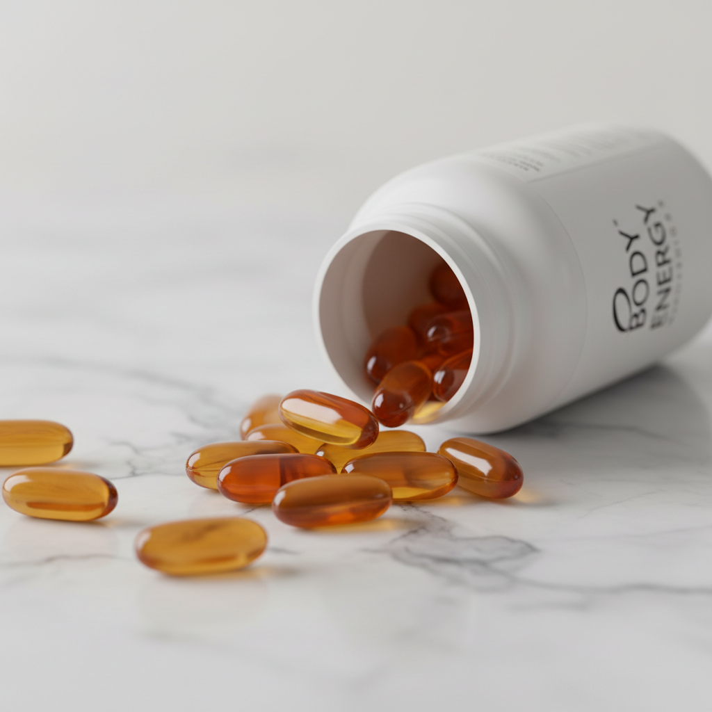 Body Energy Complex capsules spilled from bottle