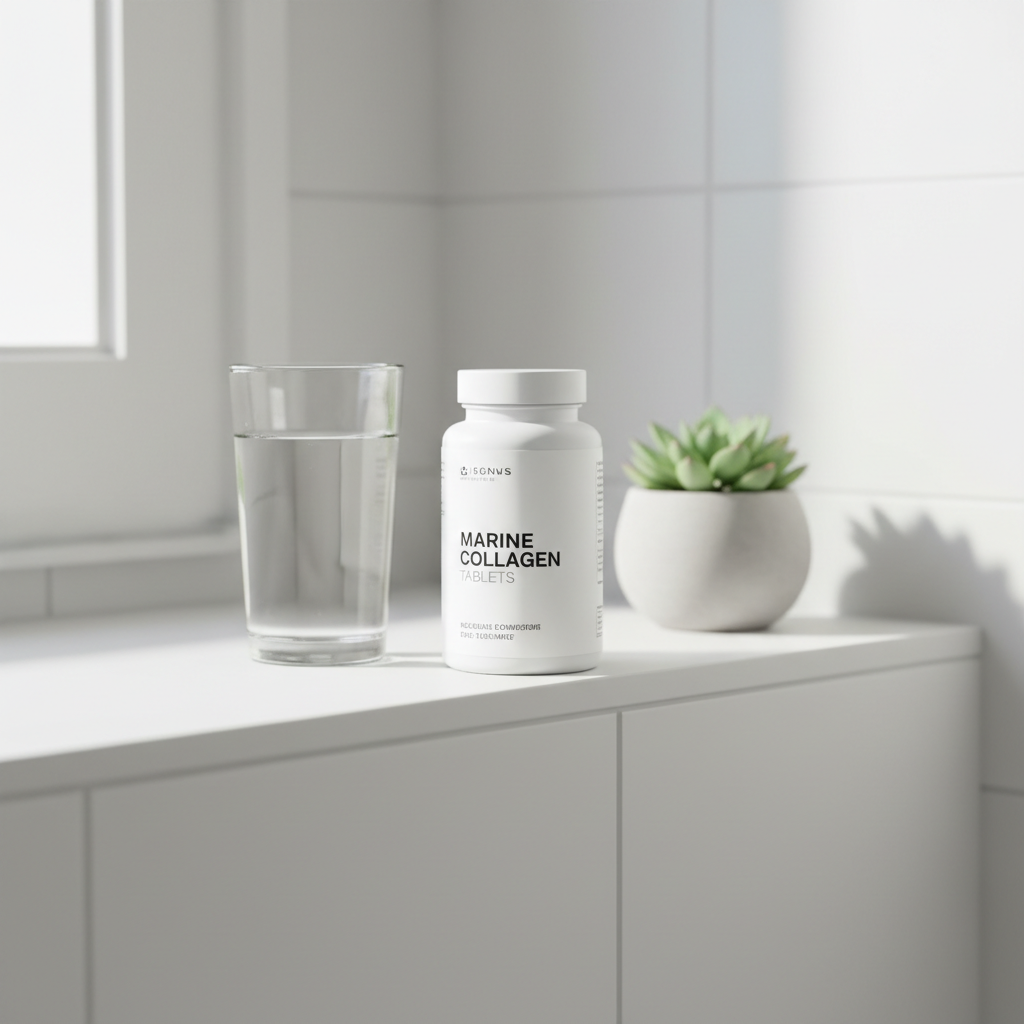 Marine Collagen Tablets bottle on bathroom counter