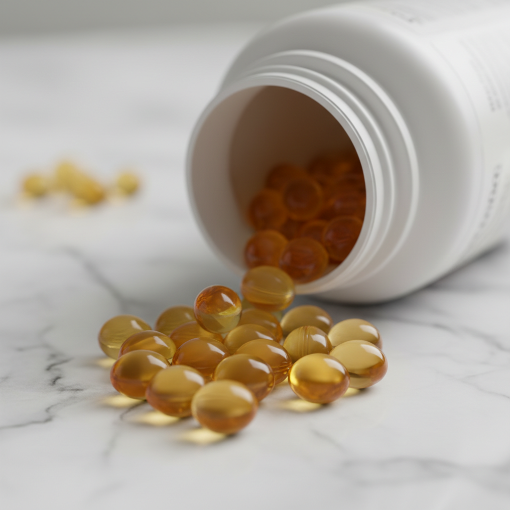 Omega-3 Fish Oil softgels spilled from bottle