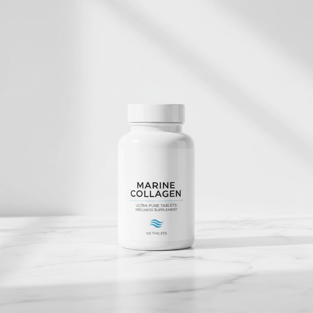 Marine Collagen supplement bottle on a white background