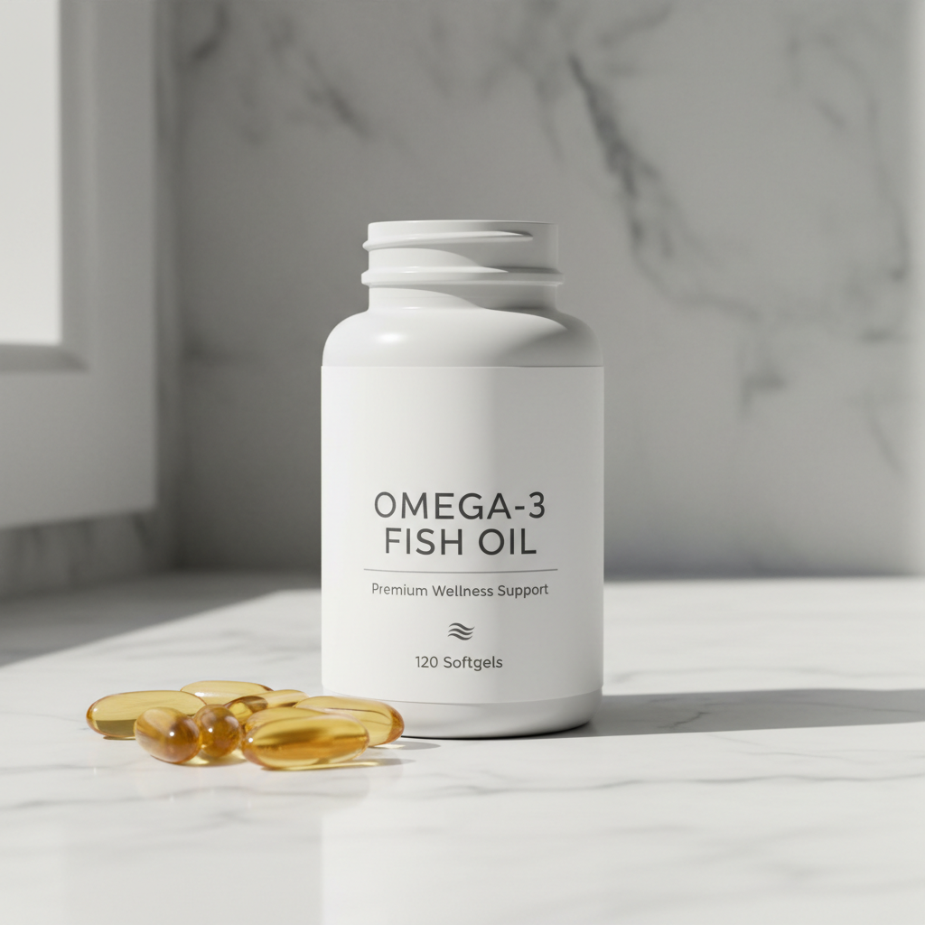 Omega-3 Fish Oil softgels bottle – front label