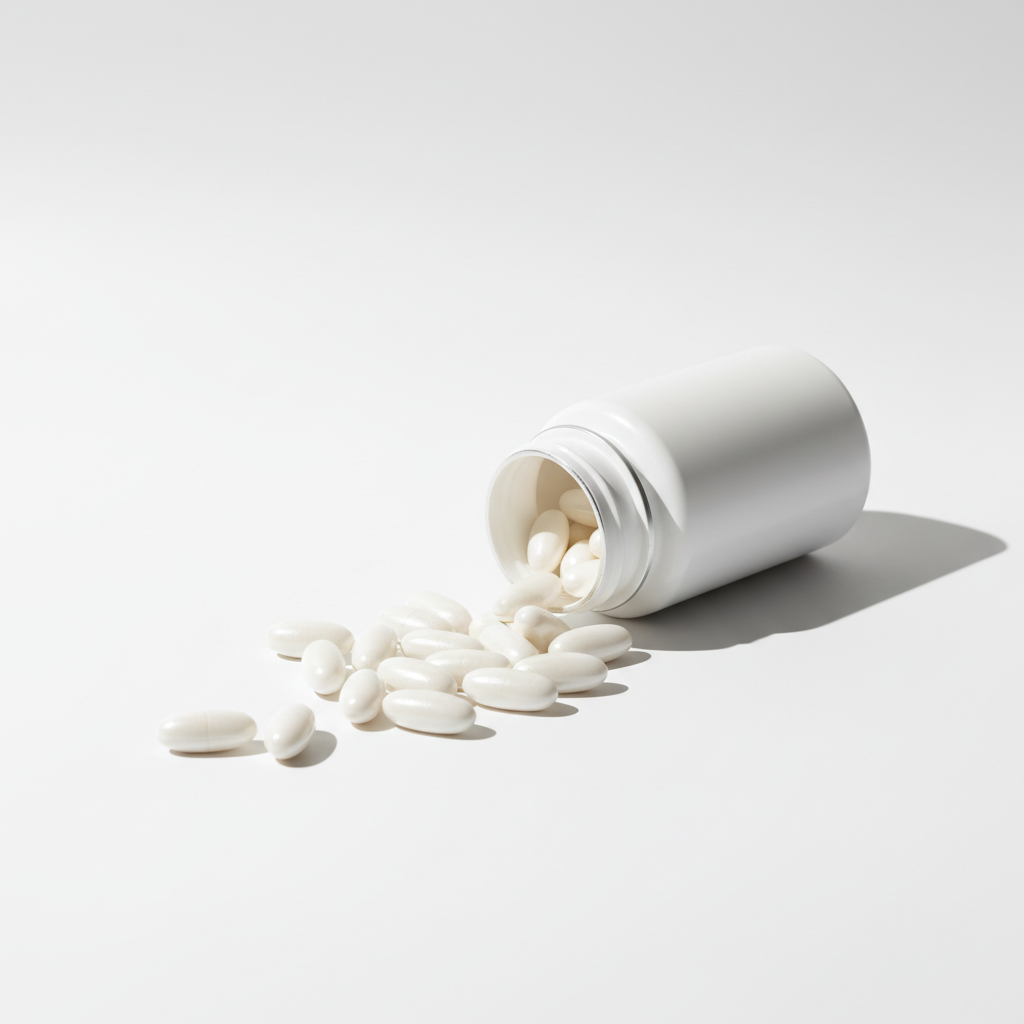 Collagen Peptides capsules spilling from bottle