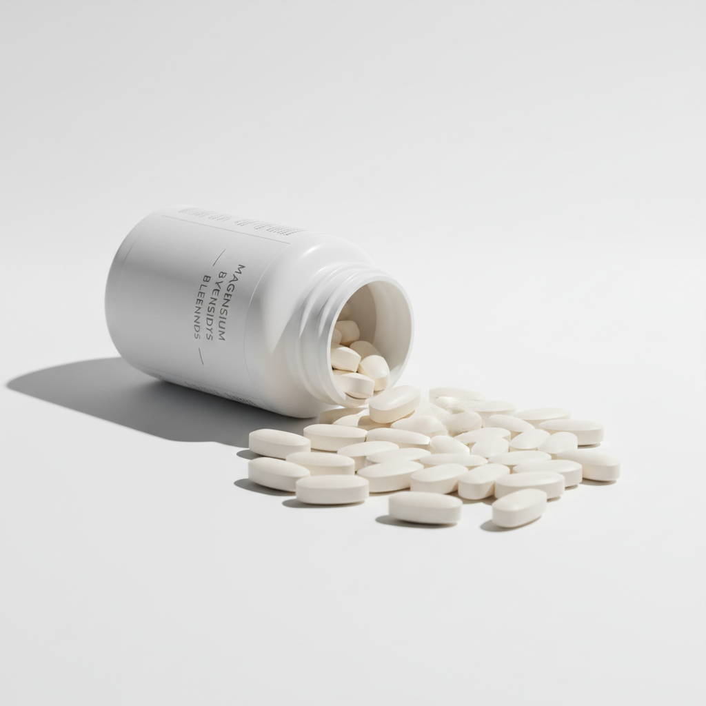 Magnesium Glycinate capsules spilling from bottle