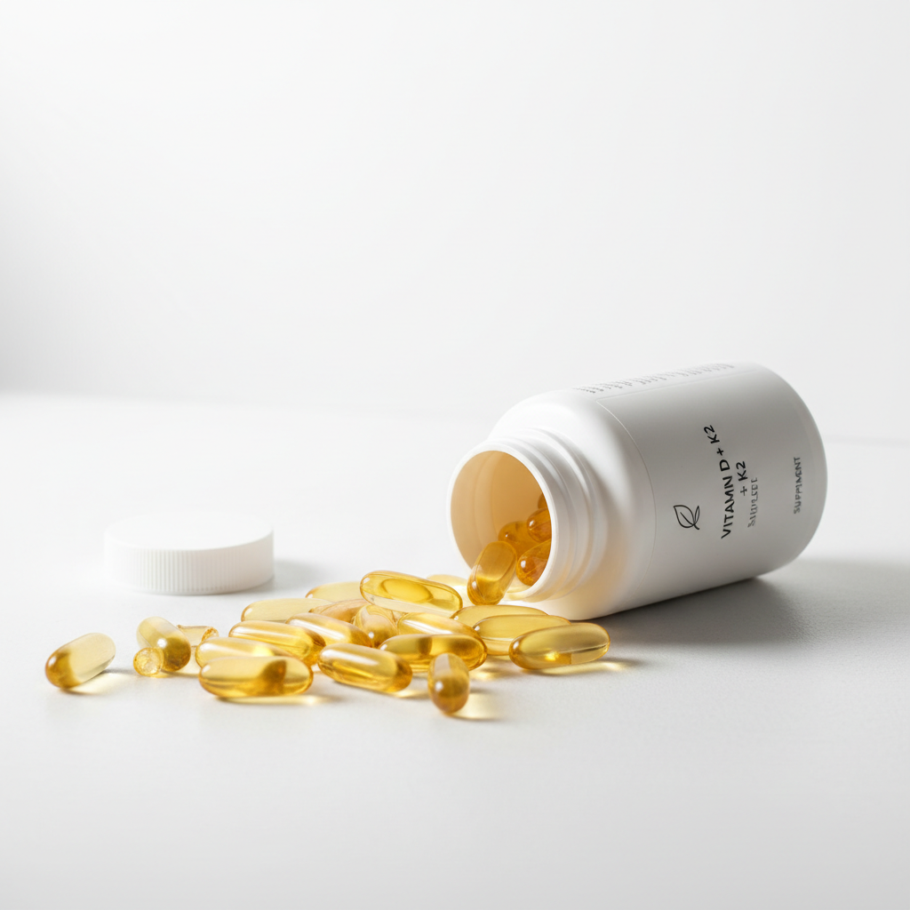 Vitamin D3 K2 capsules spilling from bottle