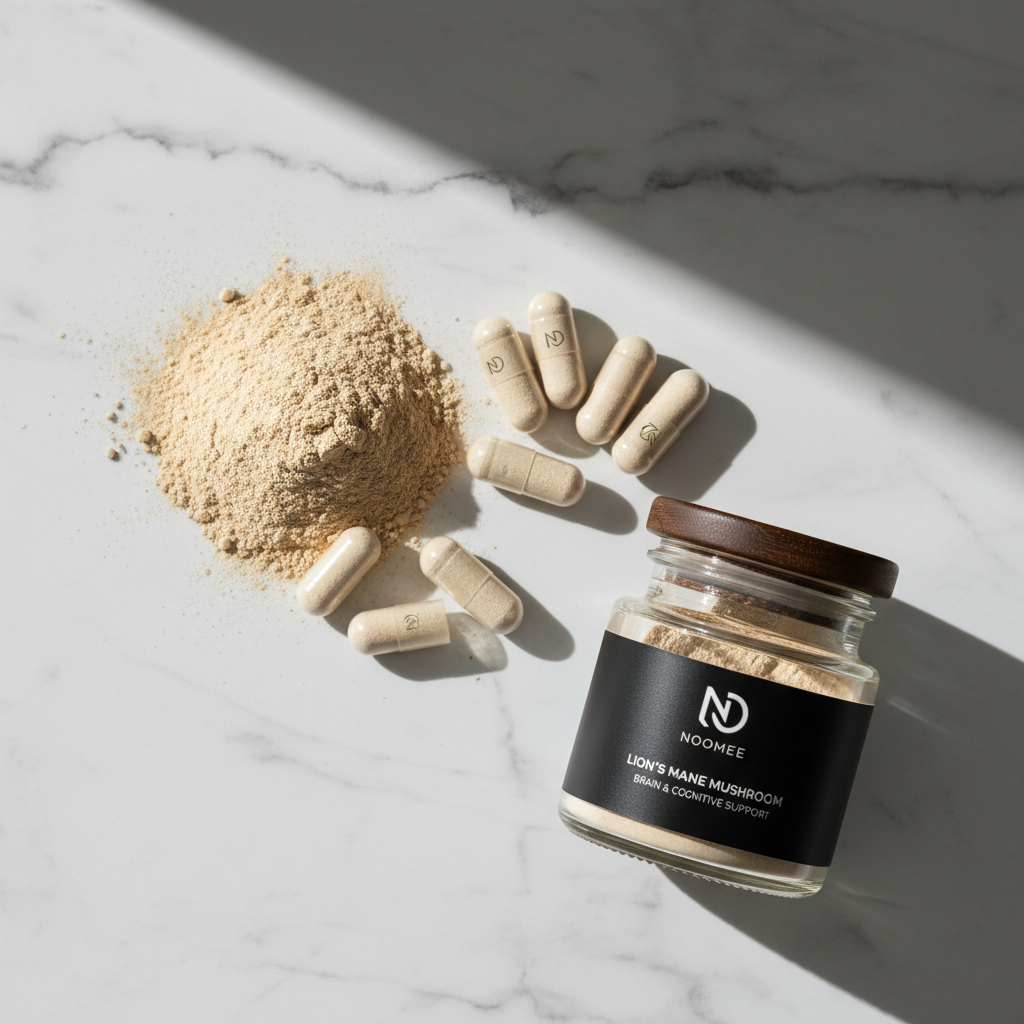 Lion's Mane powder and capsules on marble surface