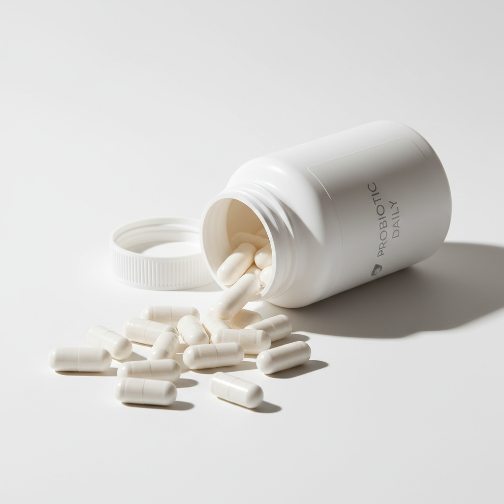Probiotic capsules spilling from bottle