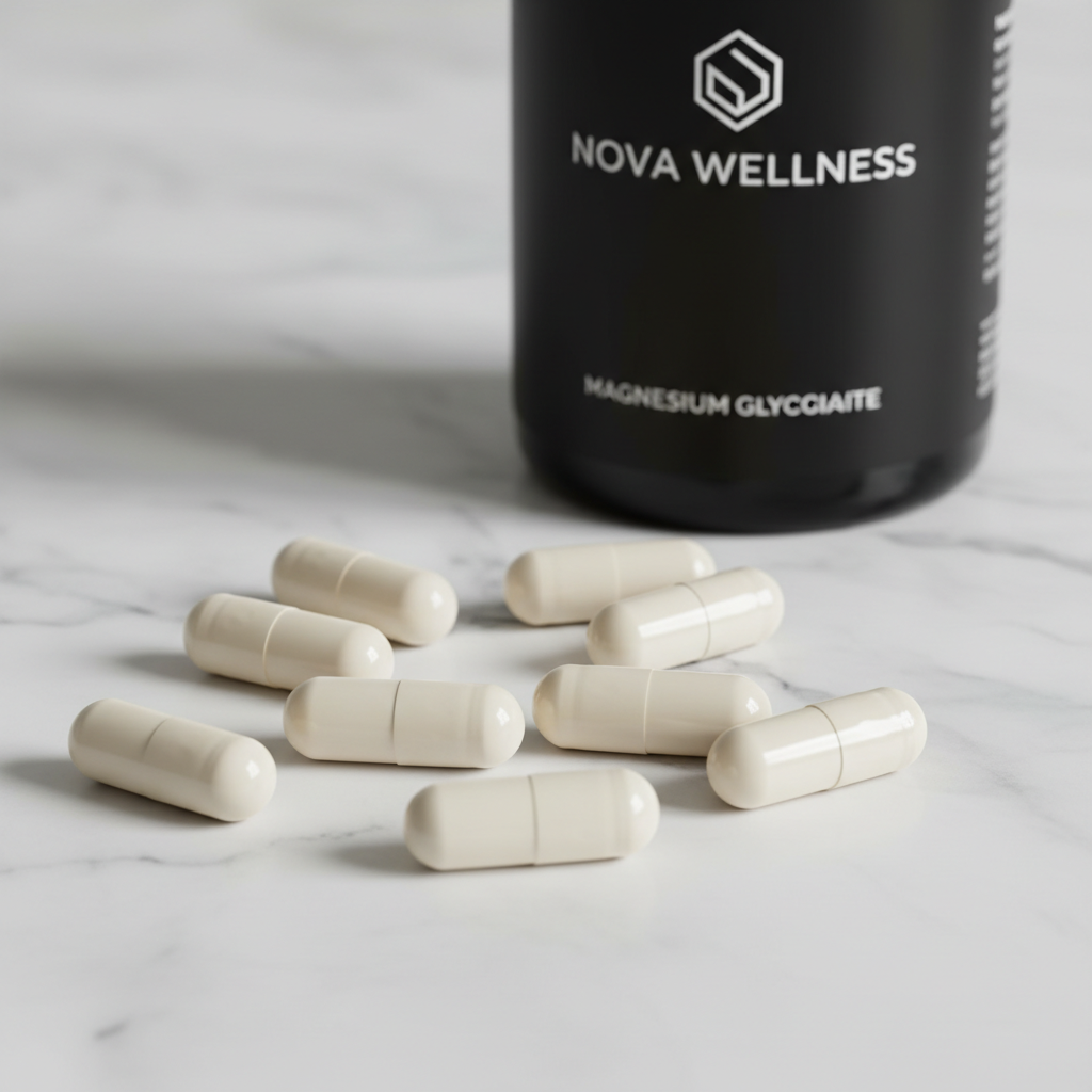 Magnesium Glycinate capsules on marble surface