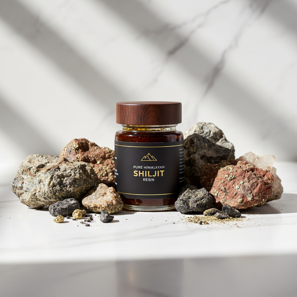 Shilajit Resin jar with Himalayan rocks