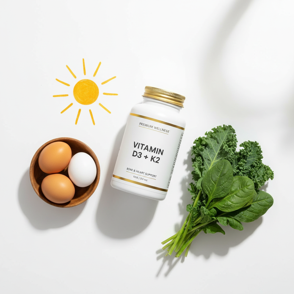 Vitamin D3 K2 bottle with natural food sources