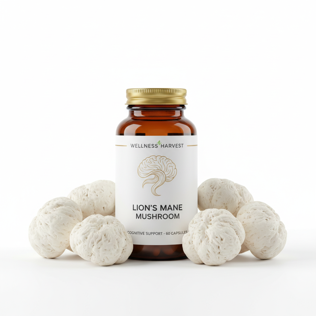Lion's Mane bottle with fresh mushrooms