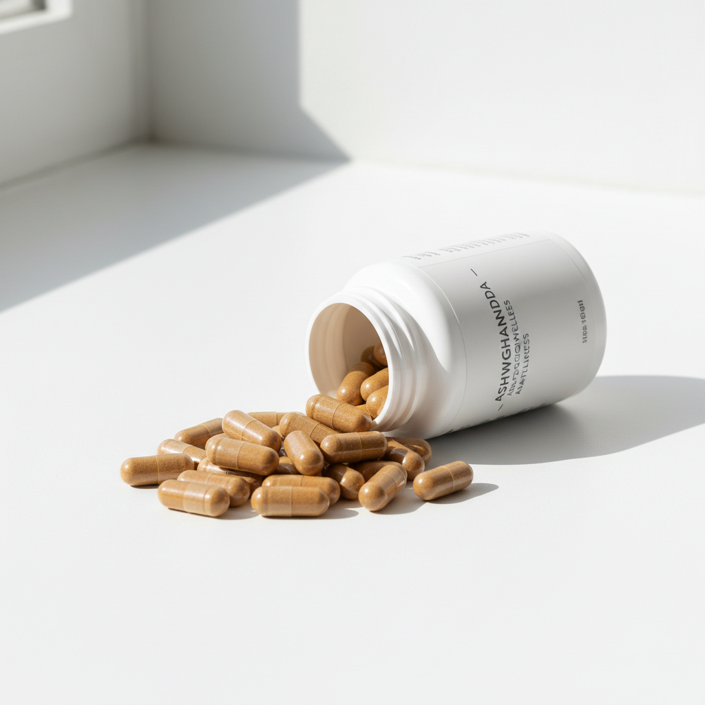 Ashwagandha capsules spilling from bottle