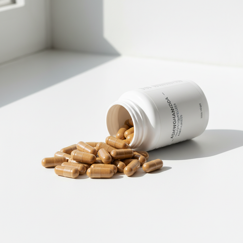 Ashwagandha capsules spilling from bottle