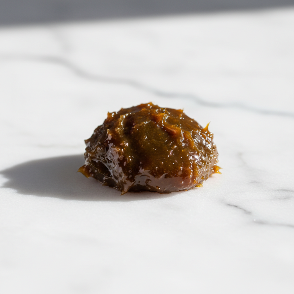 Pure Shilajit Resin close up on marble surface