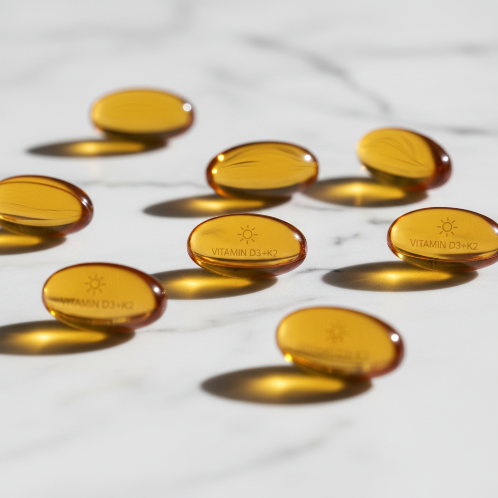 Vitamin D3 K2 softgel capsules on marble surface
