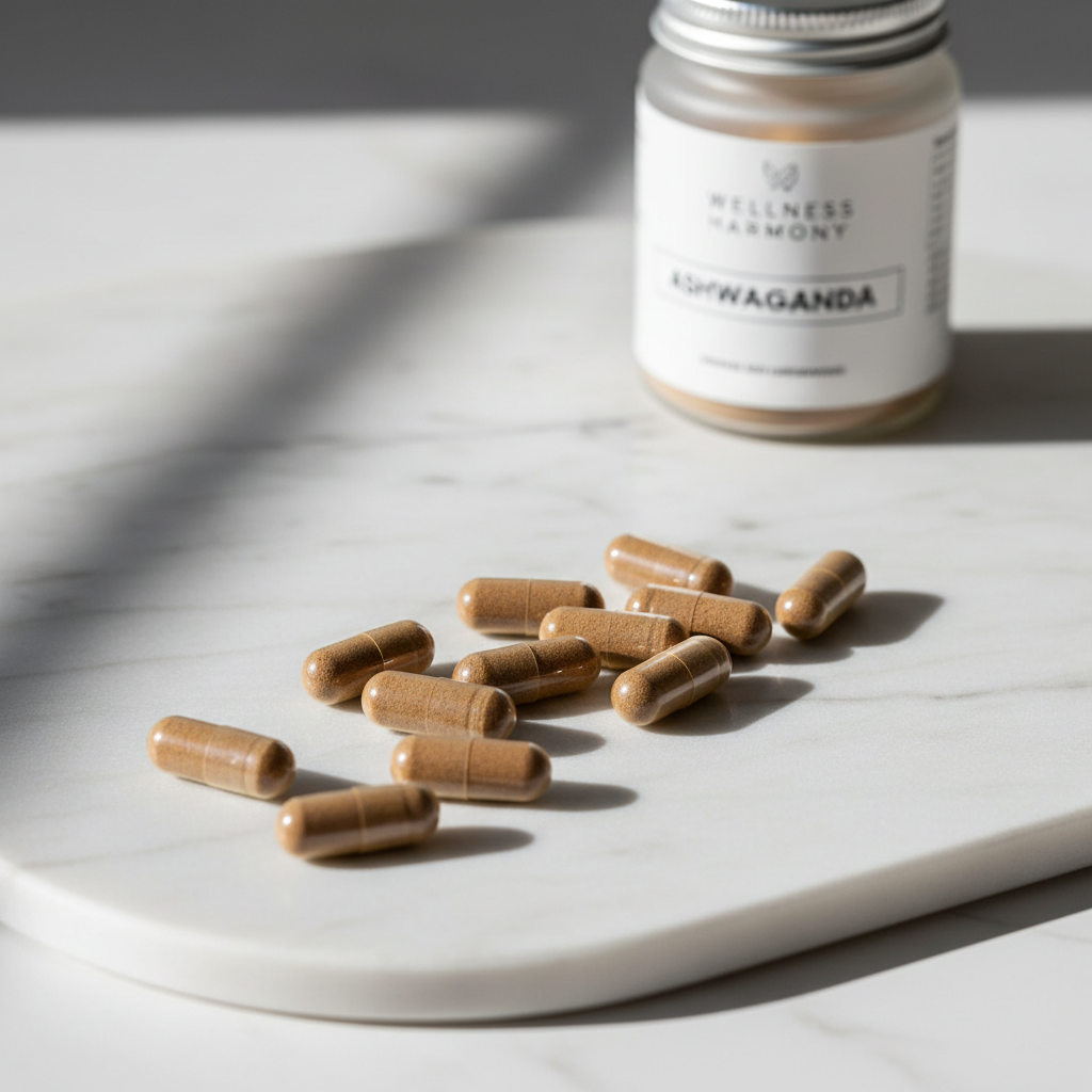 Ashwagandha capsules on marble surface