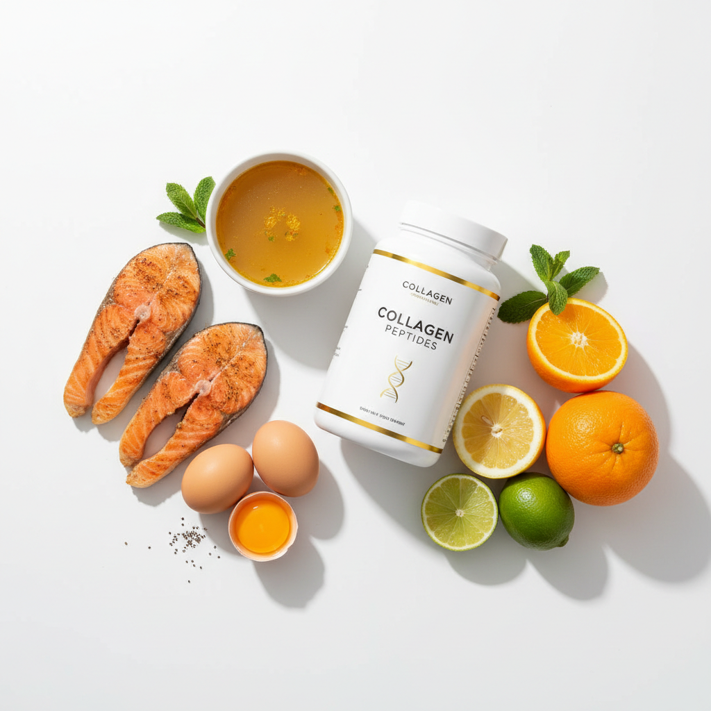 Collagen Peptides bottle with collagen-rich foods