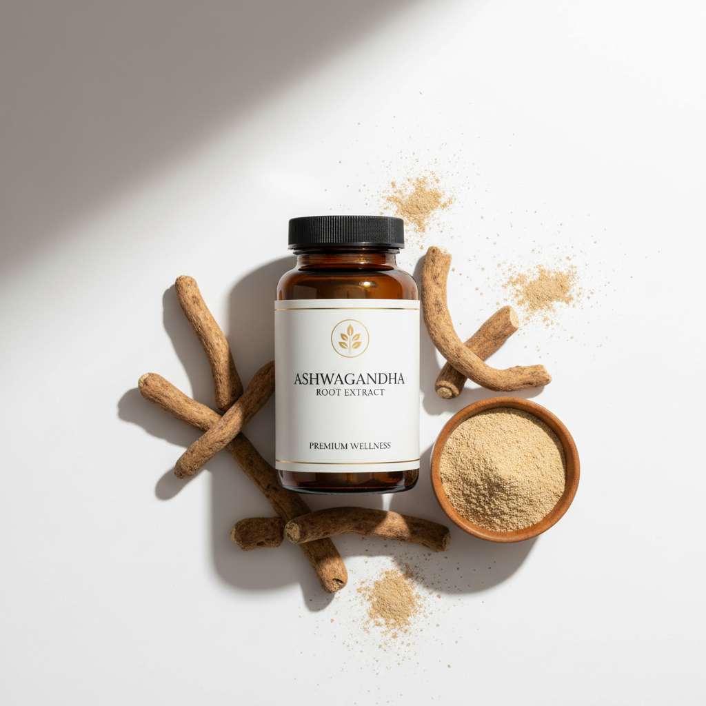 Ashwagandha bottle with raw root and powder