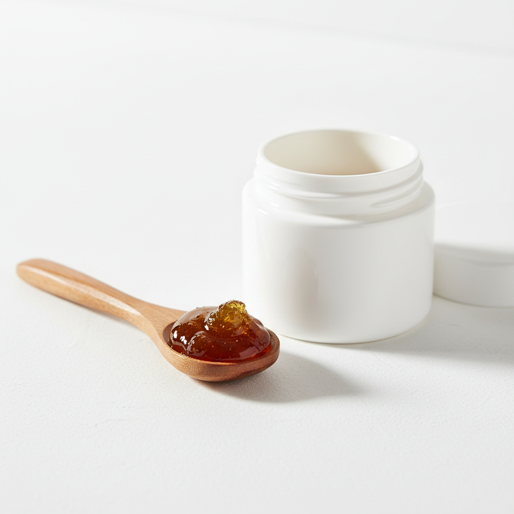 Shilajit Resin on wooden spoon beside white jar