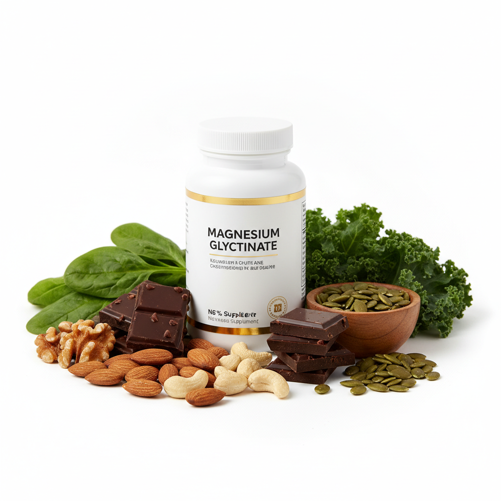 Magnesium Glycinate bottle with natural food sources